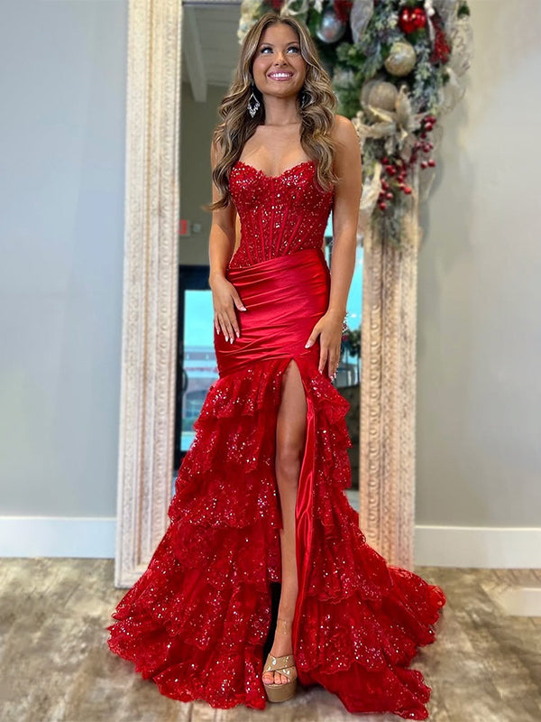 Red Mermaid Strapless Long Satin Prom Dress with Tiered Ruffle Skirt