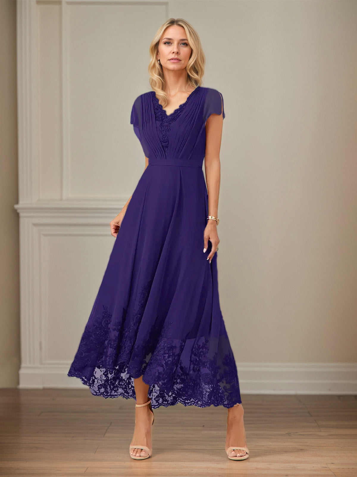 A Line V Neck Flutter Sleeve Ankle Length Chiffon Dress With Appliques
