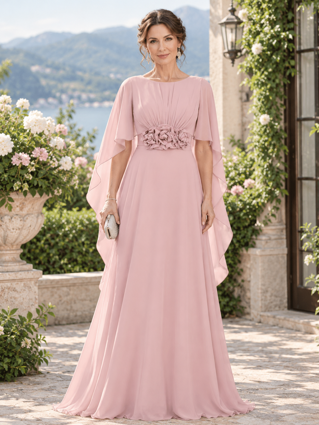 Light Pink Chiffon Capelet Overlay A-Line Maxi Dress