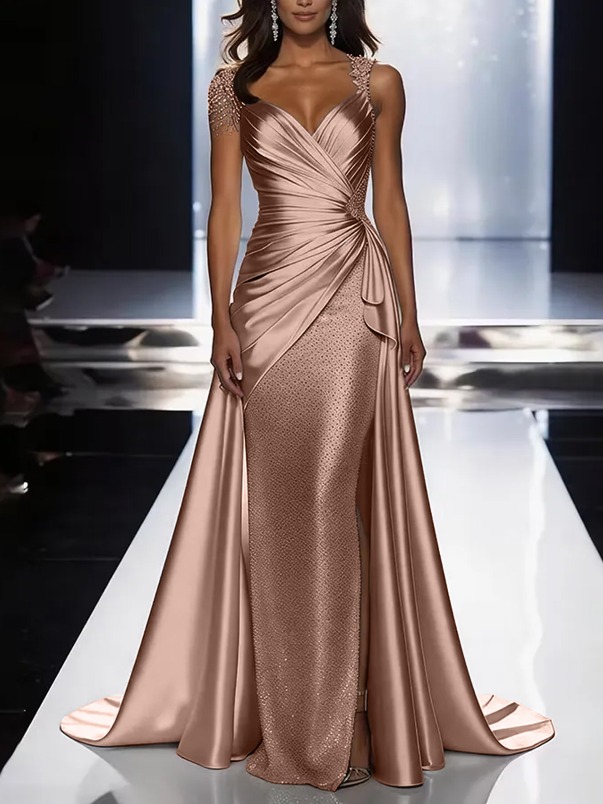 Silver Grey Deep V-Neck Draped Satin Metallic Mermaid Maxi Dress