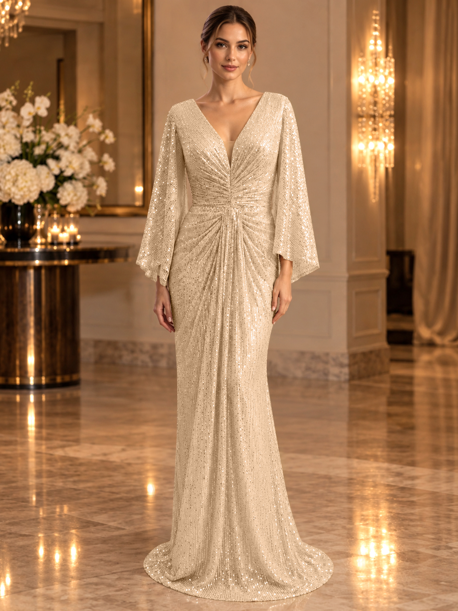 Gold Sequined V Neck Flare Sleeve Mermaid Maxi Dress