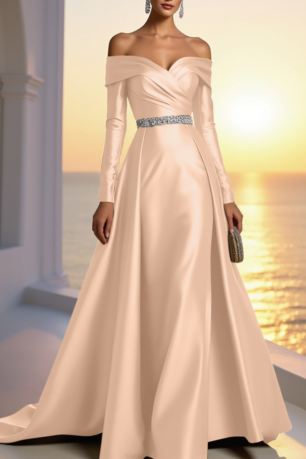 Formal Gold Satin Dress Off The Shoulder Long Sleeve Maxi Gown