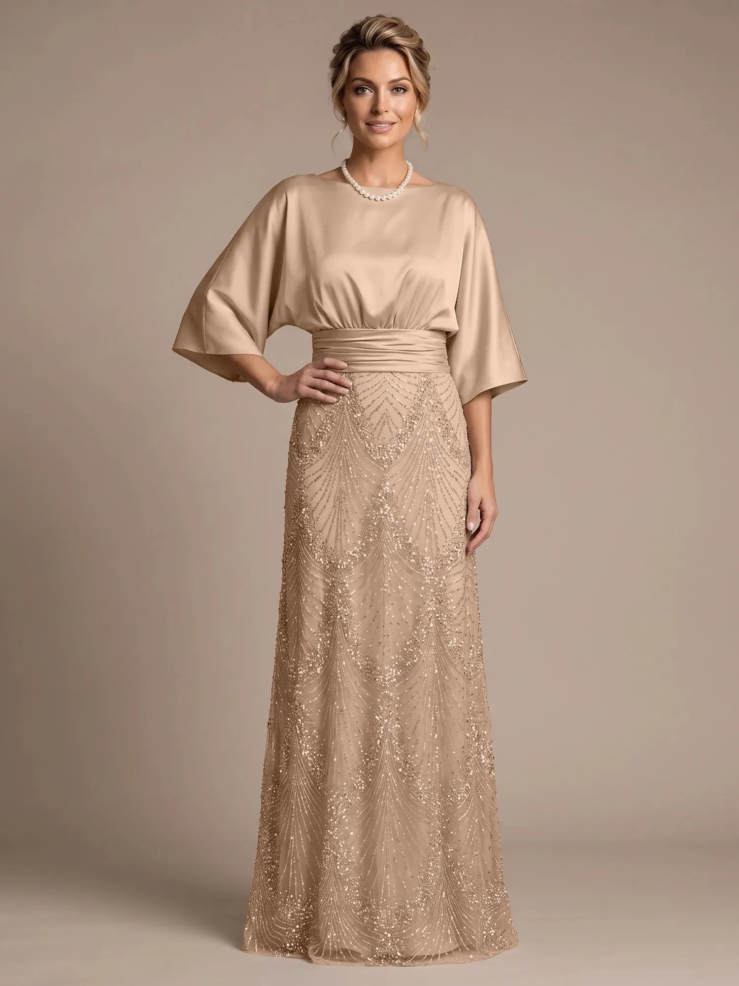Champagne Bateau Neck Satin 3/4 Batwing Sleeves Maxi Dress