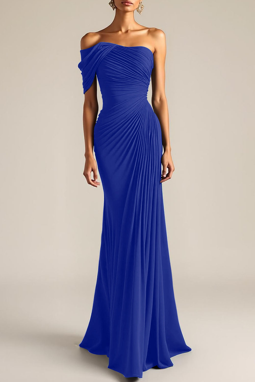 Evening Formal Dress Peacock Blue Sheath One Shoulder Maxi Dress