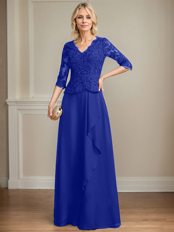 A-line V-Neck Floor-Length Lace Chiffon Mother of the Bride Dress With Cascading Ruffles Sequins