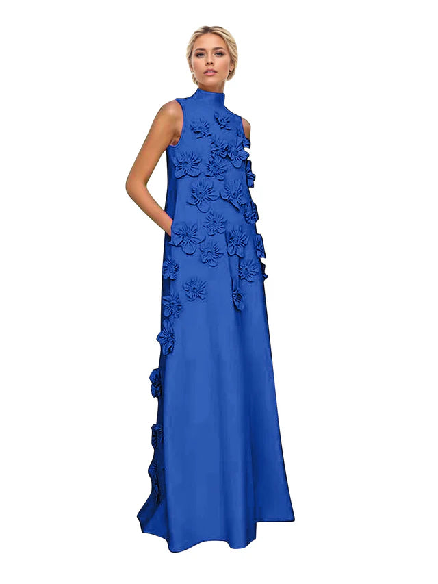 A Line High Neck Sleeveless Floor Length Stretch Crepe Dress With 3D Flowers