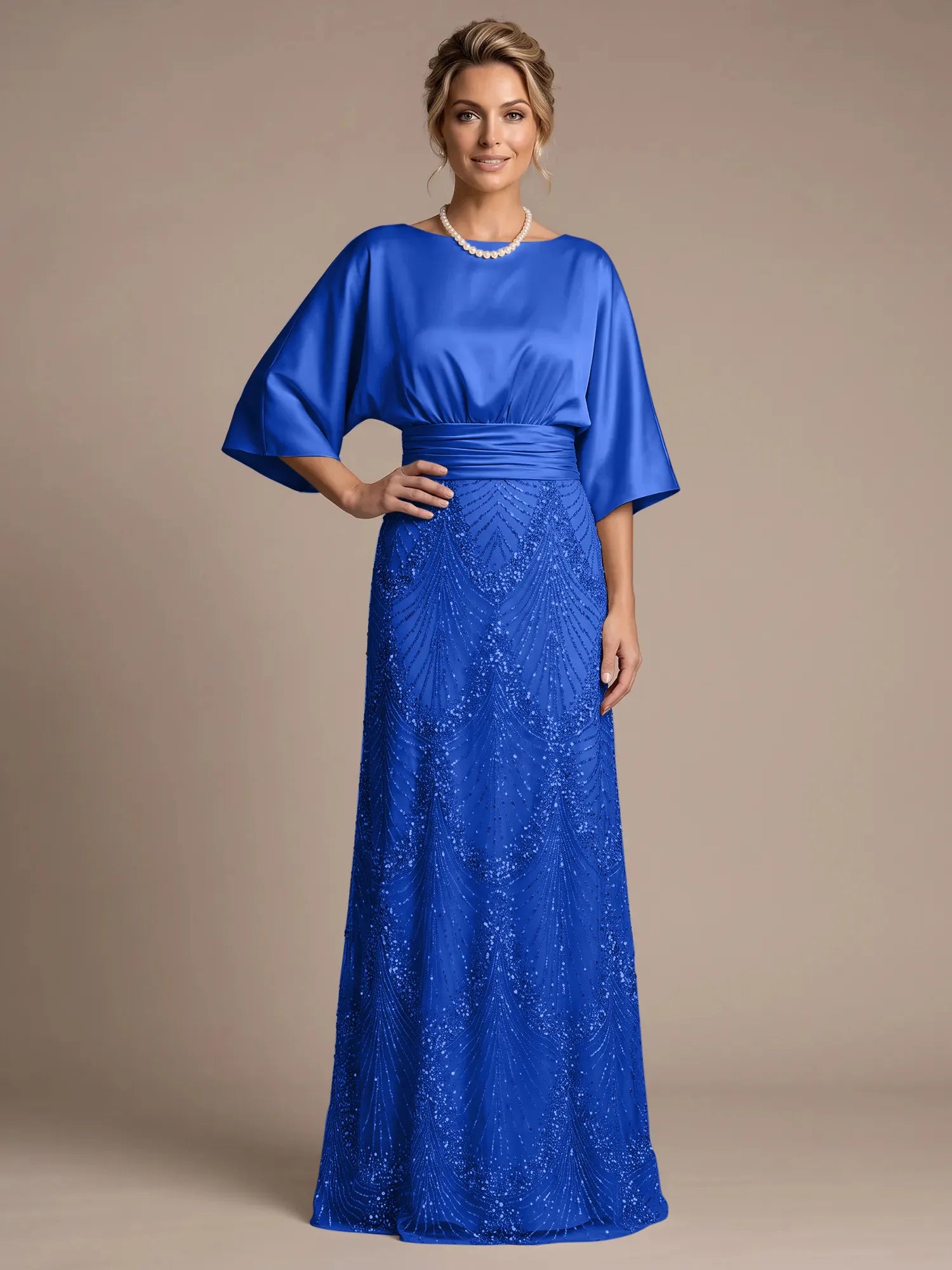 Champagne Bateau Neck Satin 3/4 Batwing Sleeves Maxi Dress