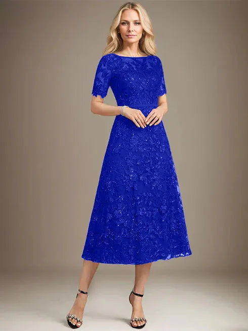 A-line Scoop Illusion Tea-Length Lace Mother of the Bride Dress With Sequins