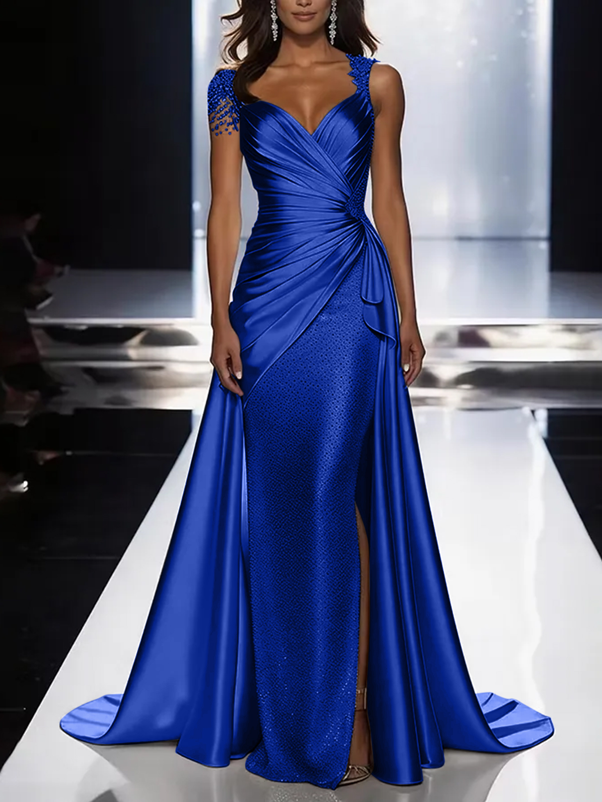 Silver Grey Deep V-Neck Draped Satin Metallic Mermaid Maxi Dress
