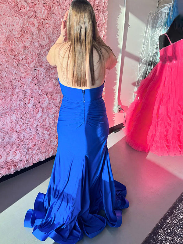 Royal Blue Mermaid Halter Long Satin Prom Dress with Slit