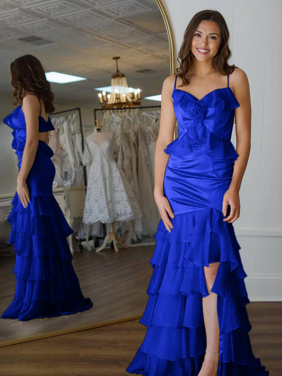 Yellow Mermaid Ruffle Chiffon Long Prom Dress with Flower