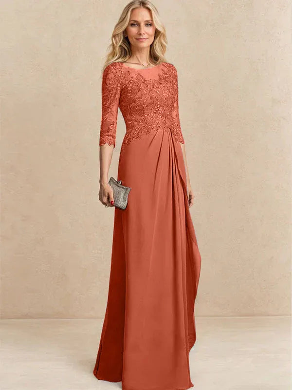 A-line Scoop Illusion Floor-Length Chiffon Lace Mother of the Bride Dress With Beading Sequins Cascading Ruffles