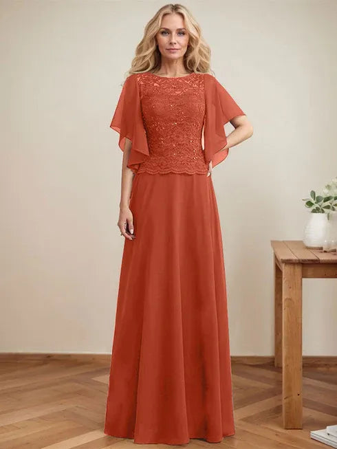 A-line Scoop Illusion Floor-Length Lace Chiffon Mother of the Bride Dress With Sequins