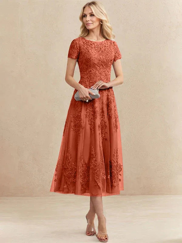 A-line Scoop Tea-Length Tulle Lace Mother of the Bride Dress