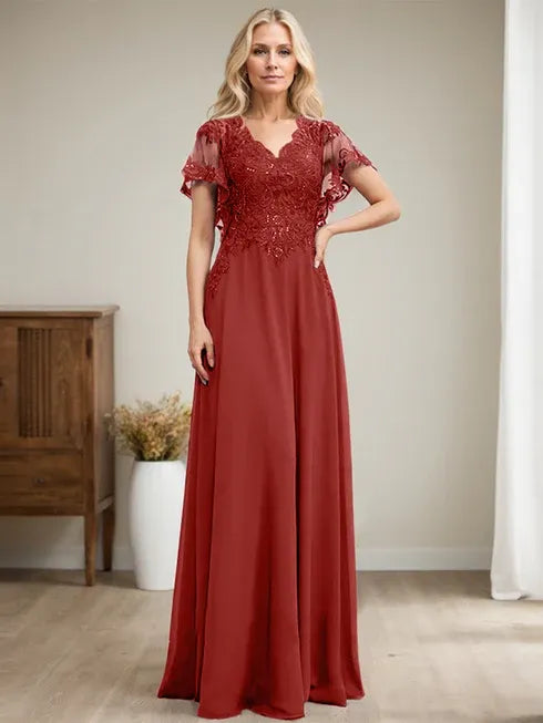 A-line V-Neck Floor-Length Lace Chiffon Mother of the Bride Dress With Sequins