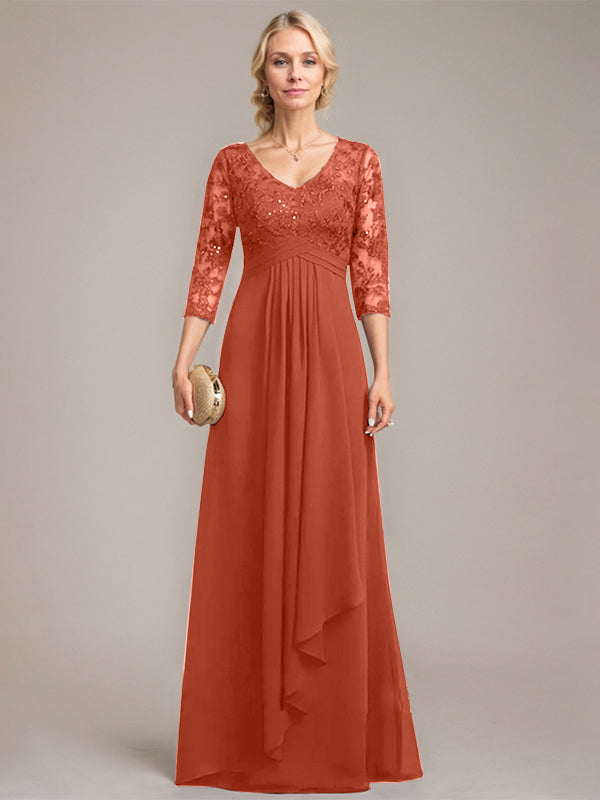 A-line V-Neck Floor-Length Lace Chiffon Mother of the Bride Dress With Cascading Ruffles Sequins