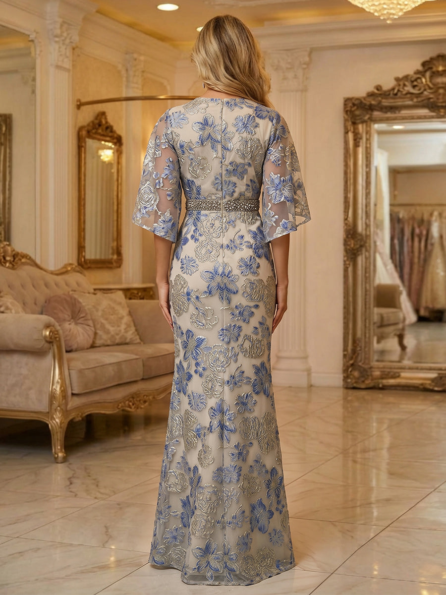 Jacquard Sheath 3/4 Sleeves Ruched Waist Maxi Dress