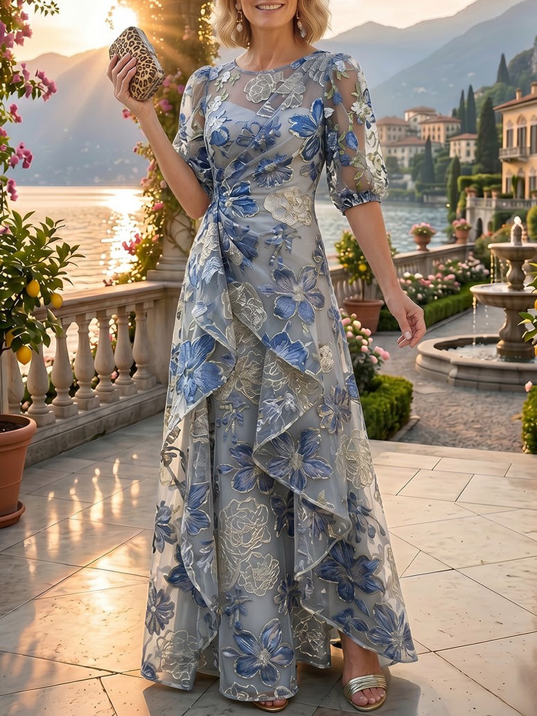 Blue Floral Puff Sleeve Wrap Ruffle Mesh Maxi Dress
