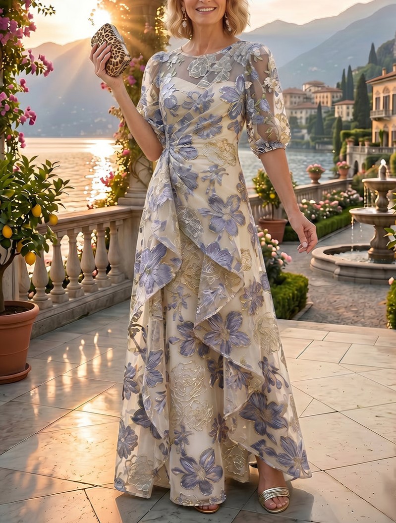 Blue Floral Puff Sleeve Wrap Ruffle Mesh Maxi Dress