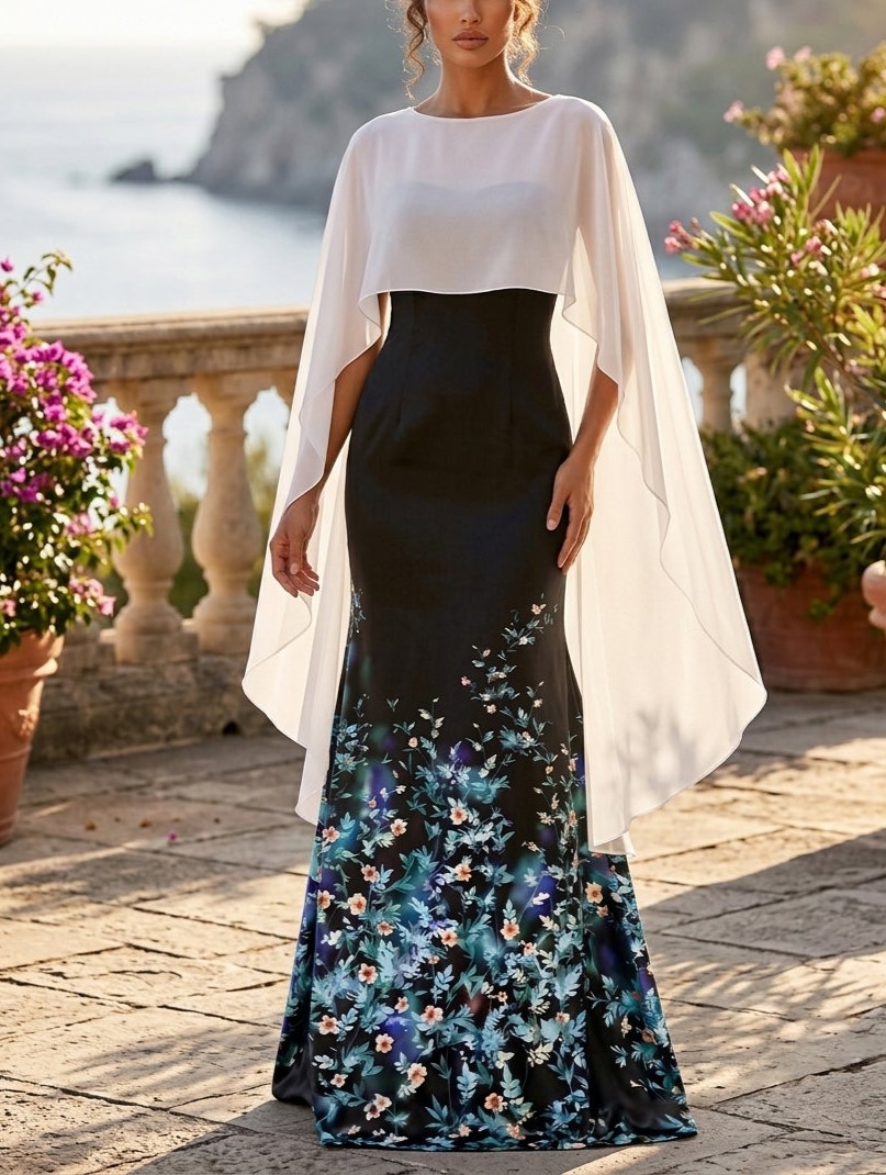 Floral Print A-Line Scoop Neck with Chiffon Cape Maxi Dress