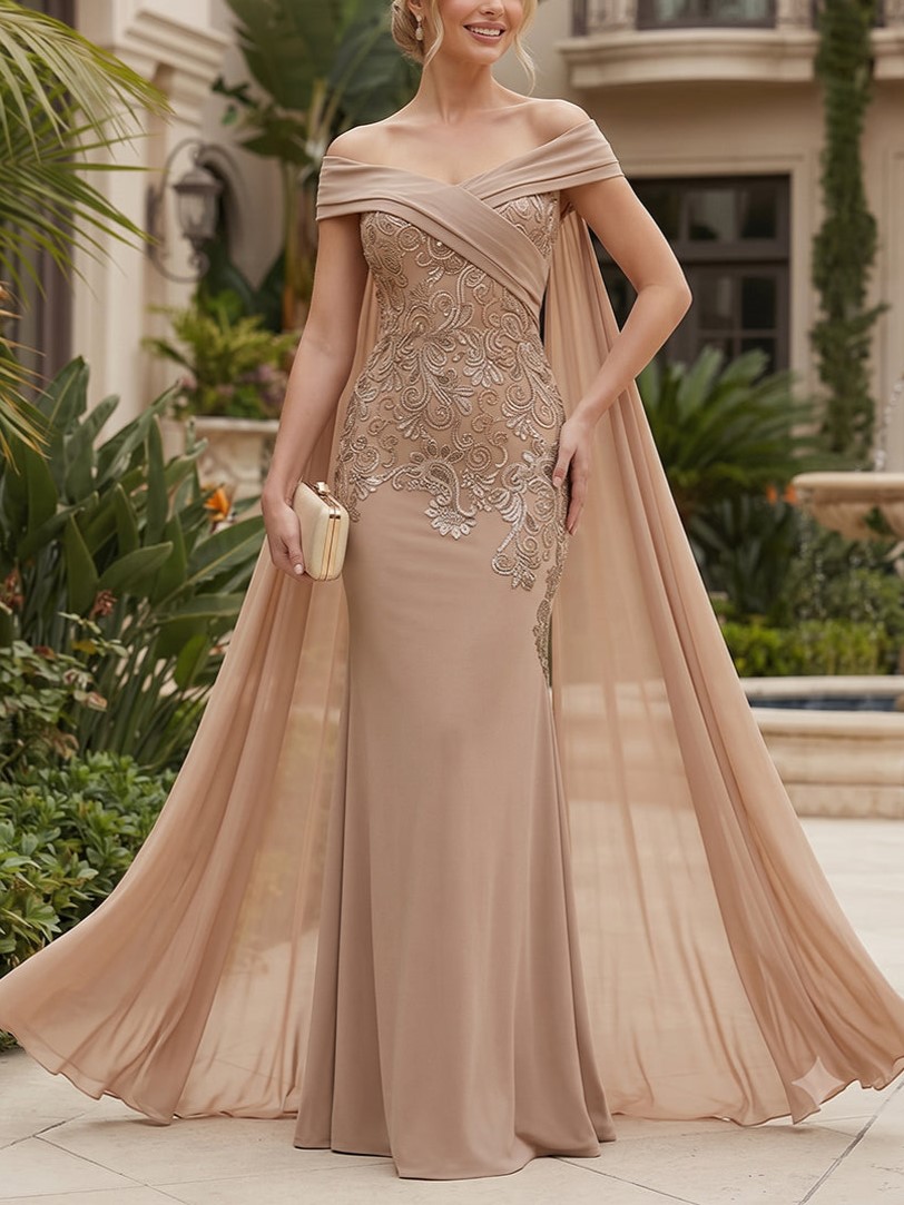 Nude Off Shoulder Embroidery Cape Chiffon Mermaid Maxi Dress