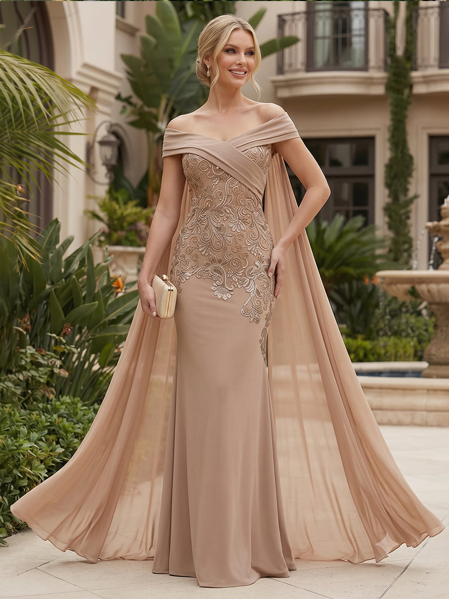 Nude Off Shoulder Embroidery Cape Chiffon Mermaid Maxi Dress