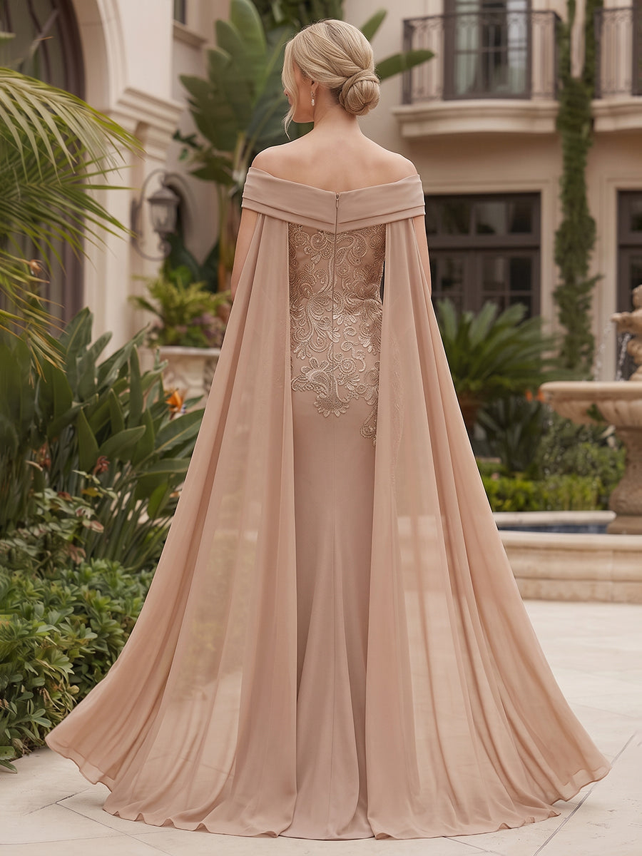 Nude Off Shoulder Embroidery Cape Chiffon Mermaid Maxi Dress
