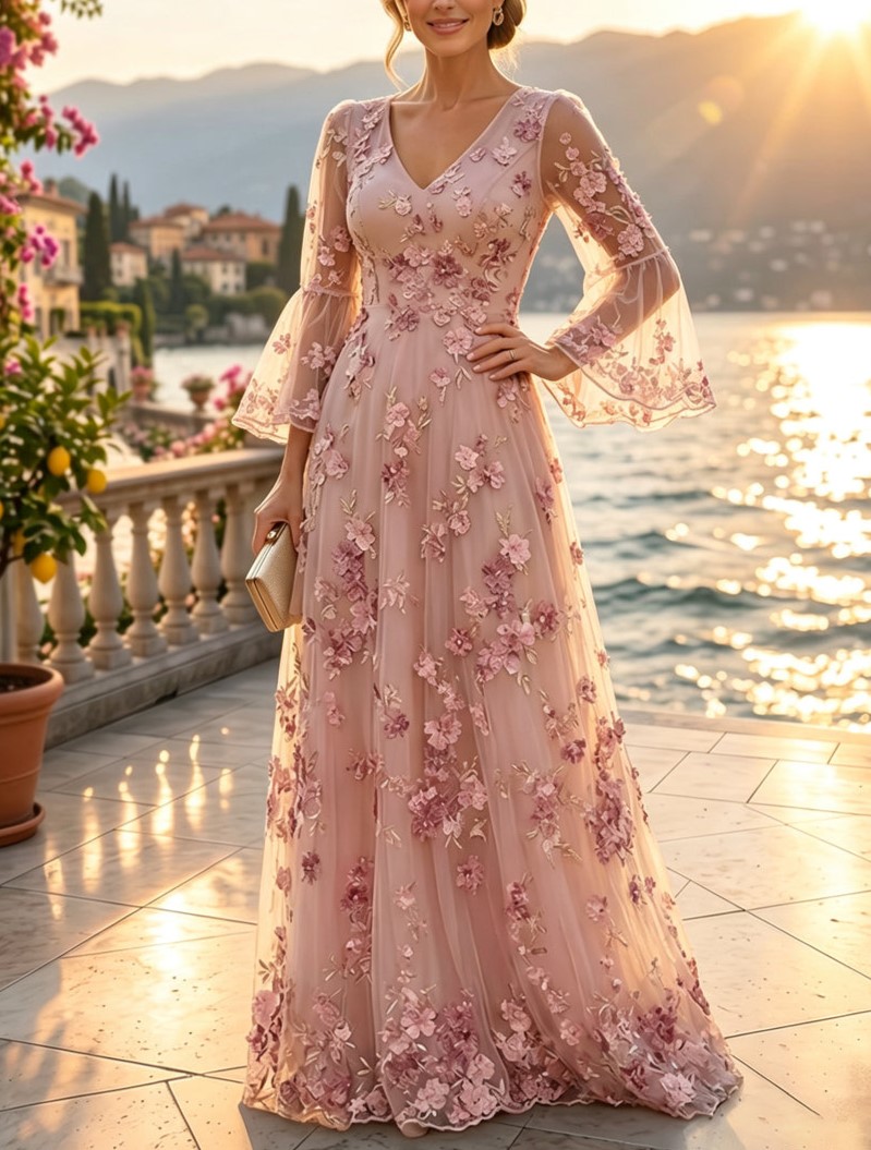 Pink V-Neck Lace 3D Flowers Bell Sleeves A-Line Maxi Dress