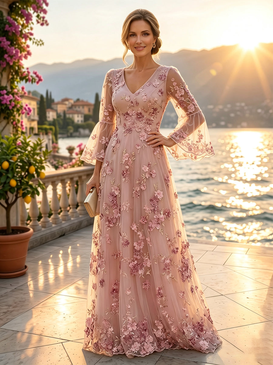 Pink V-Neck Lace 3D Flowers Bell Sleeves A-Line Maxi Dress