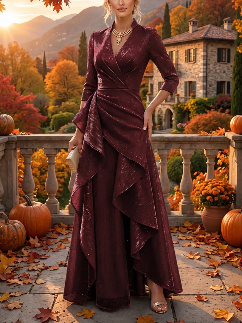 Burgundy A-Line V-Neck Glitter Maxi Dress with Ruffles 