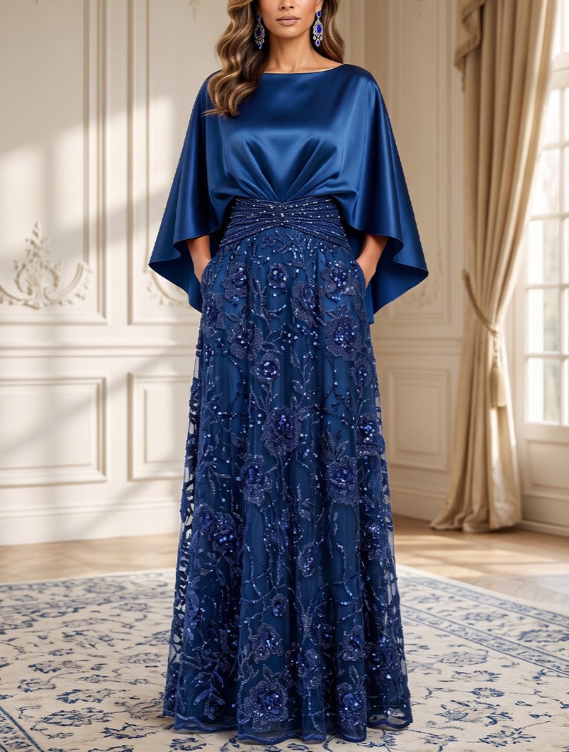 Royal Blue A-Line Scoop Neck Lace Appliques Maxi Dress