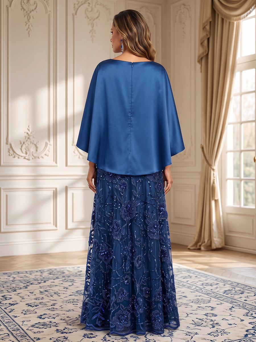 Royal Blue A-Line Scoop Neck Lace Appliques Maxi Dress