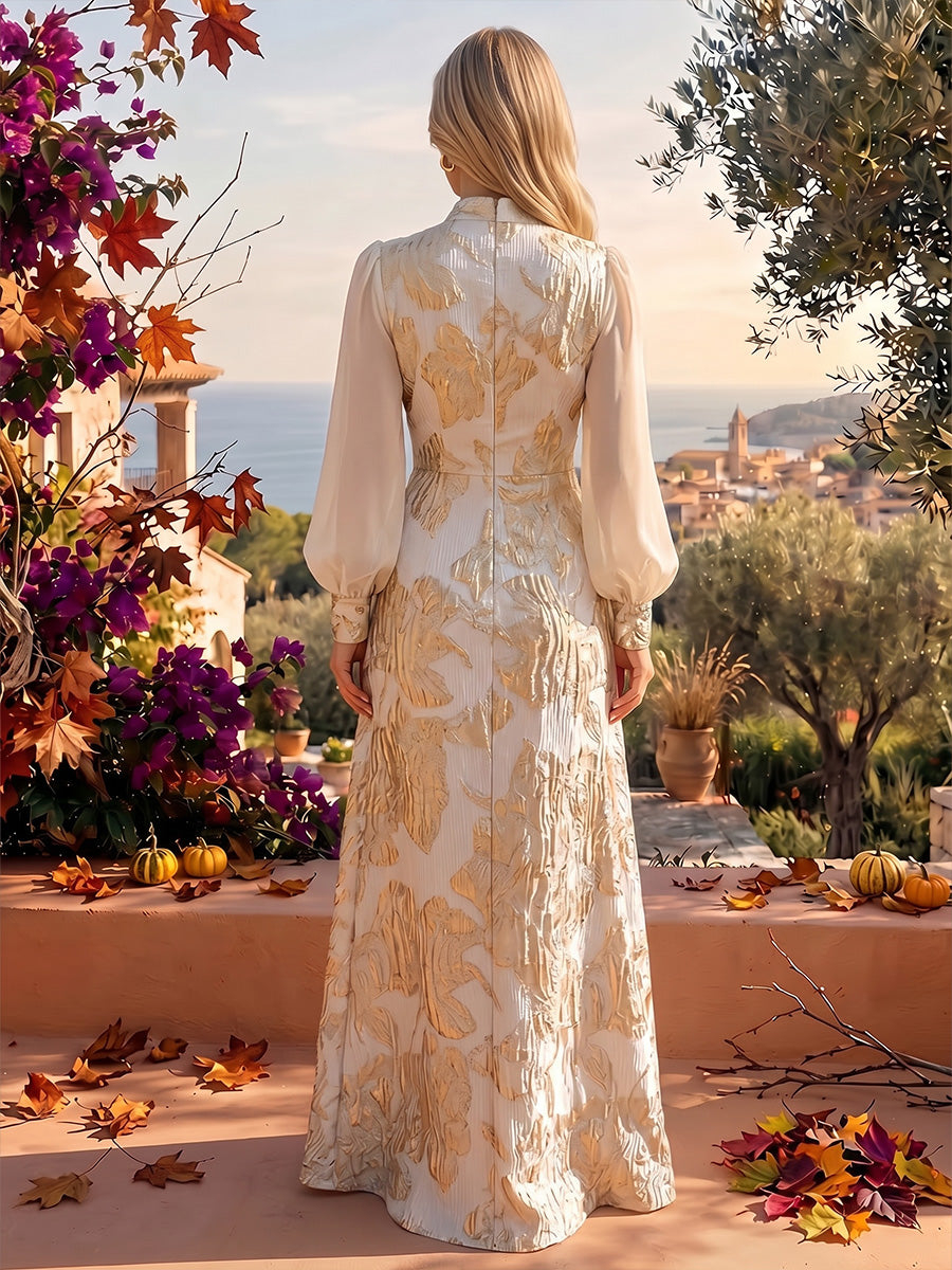 A-Line Scoop Neck Jacquard with Ruched Waist Maxi Dress