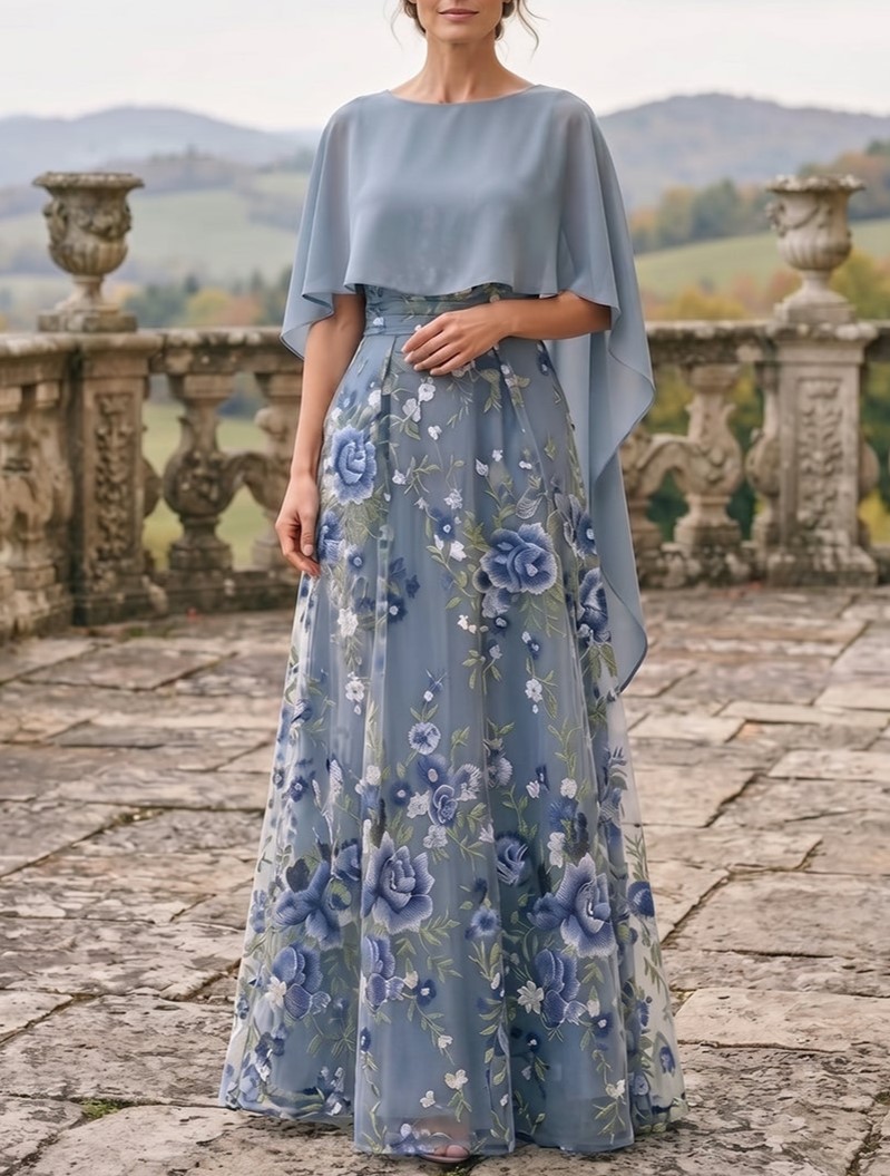 A-Line Scoop Neck Floral Embroidery Maxi Dresses with Cape