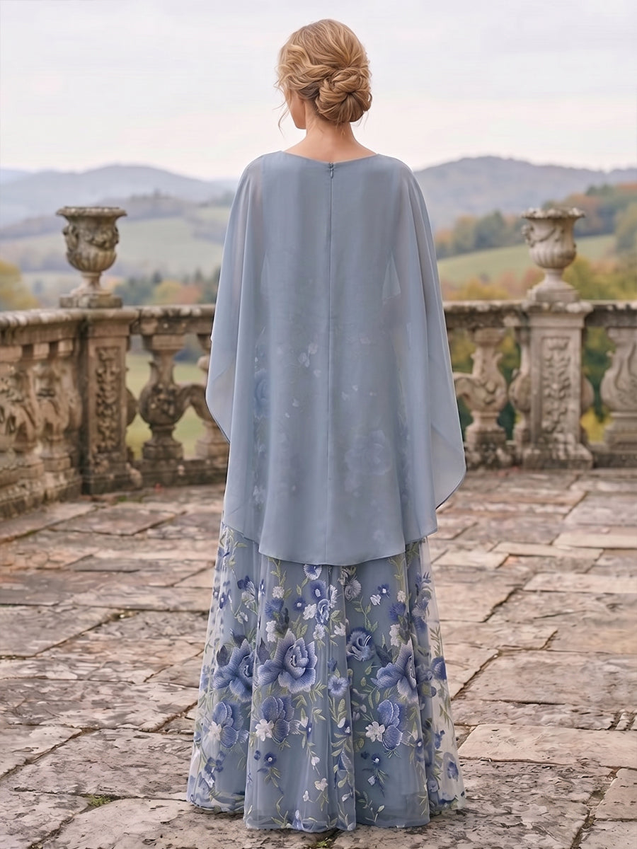 A-Line Scoop Neck Floral Embroidery Maxi Dresses with Cape