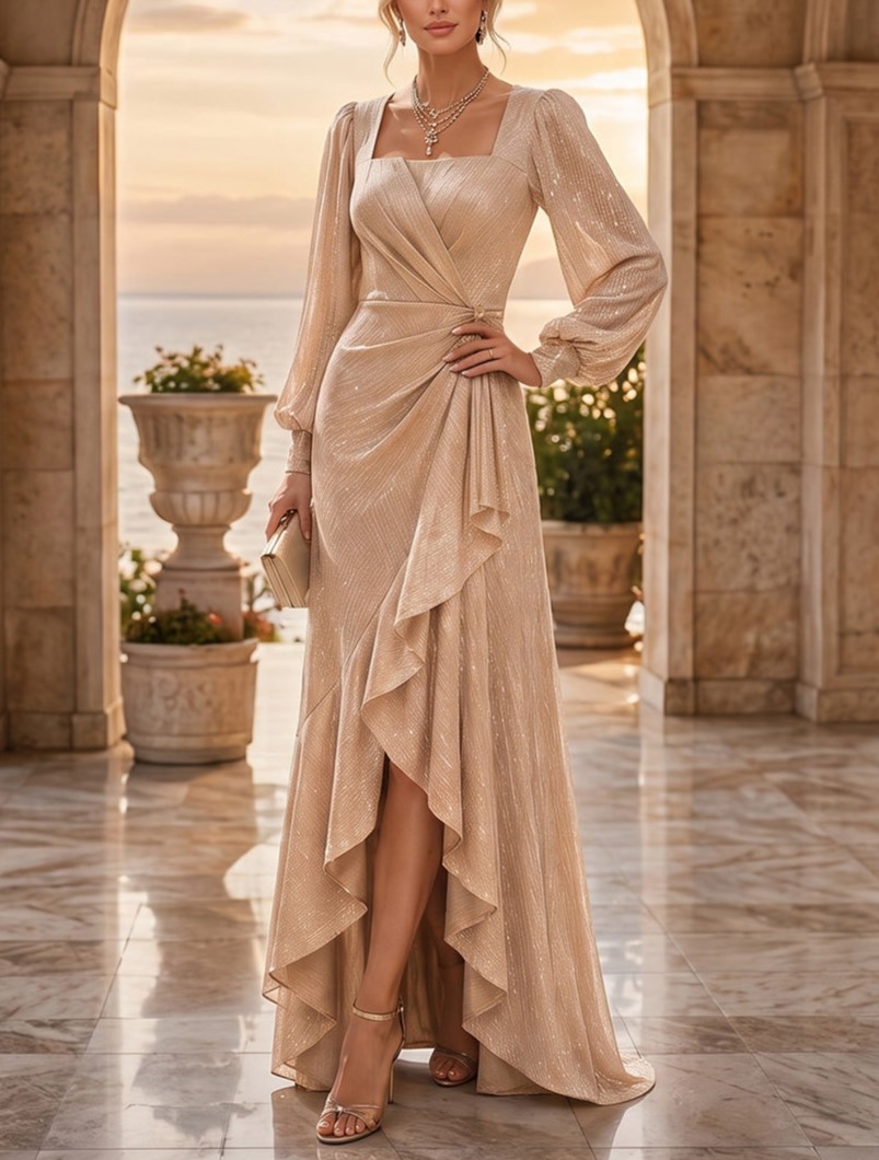 Champagne A-Line Square Neck Glitter High-Low Maxi Dresses with Ruffles & Ruched Waist 