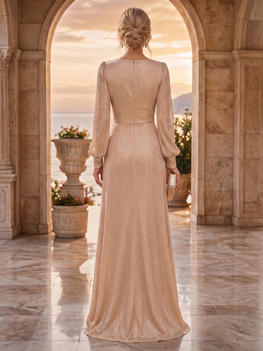 Champagne A-Line Square Neck Glitter High-Low Maxi Dresses with Ruffles & Ruched Waist 