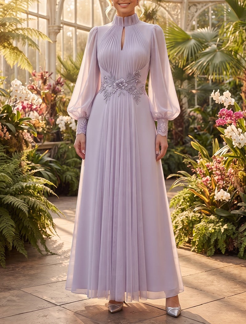 Lavender A-Line High Neck Chiffon Maxi Dress with Pleats