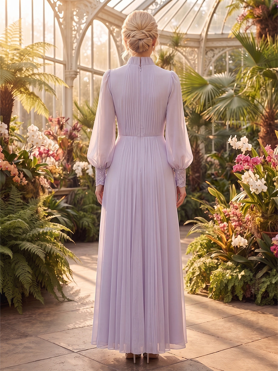 Lavender A-Line High Neck Chiffon Maxi Dress with Pleats