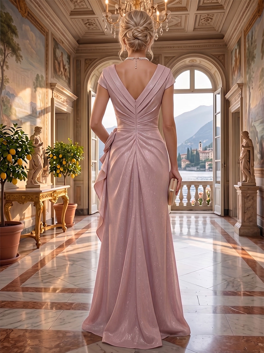 Dusty Rose A-Line V-Neck Glitter Maxi  Dress with Ruffles & Ruched Waist 