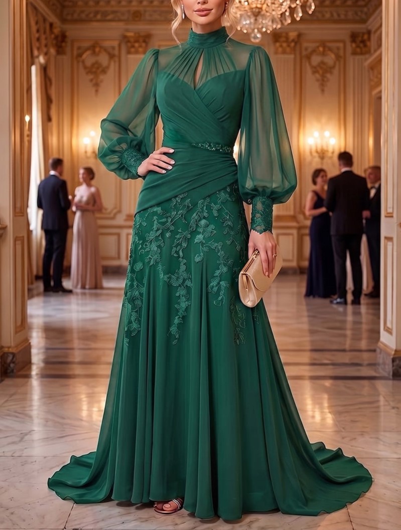 Emerald Green A-Line High Neck Chiffon Maxi Dress with Lace Appliques & Pleats