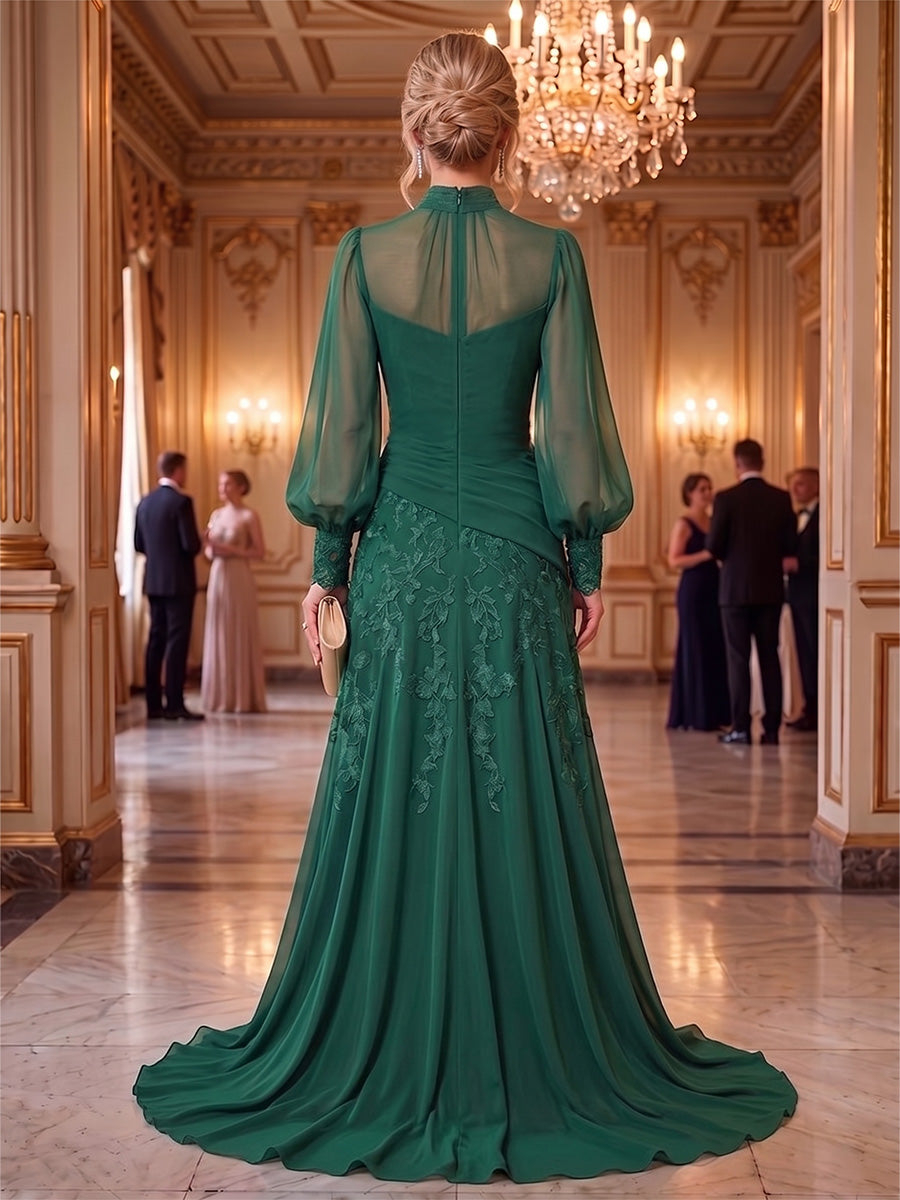 Emerald Green A-Line High Neck Chiffon Maxi Dress with Lace Appliques & Pleats