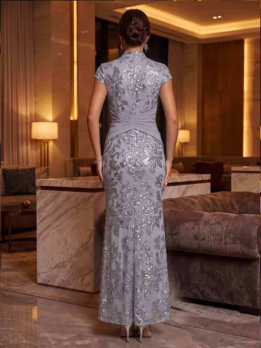 Sheath V-Neck Sequin Short Sleeve Maxi  Dresses with Ruched Waist & Side Sash