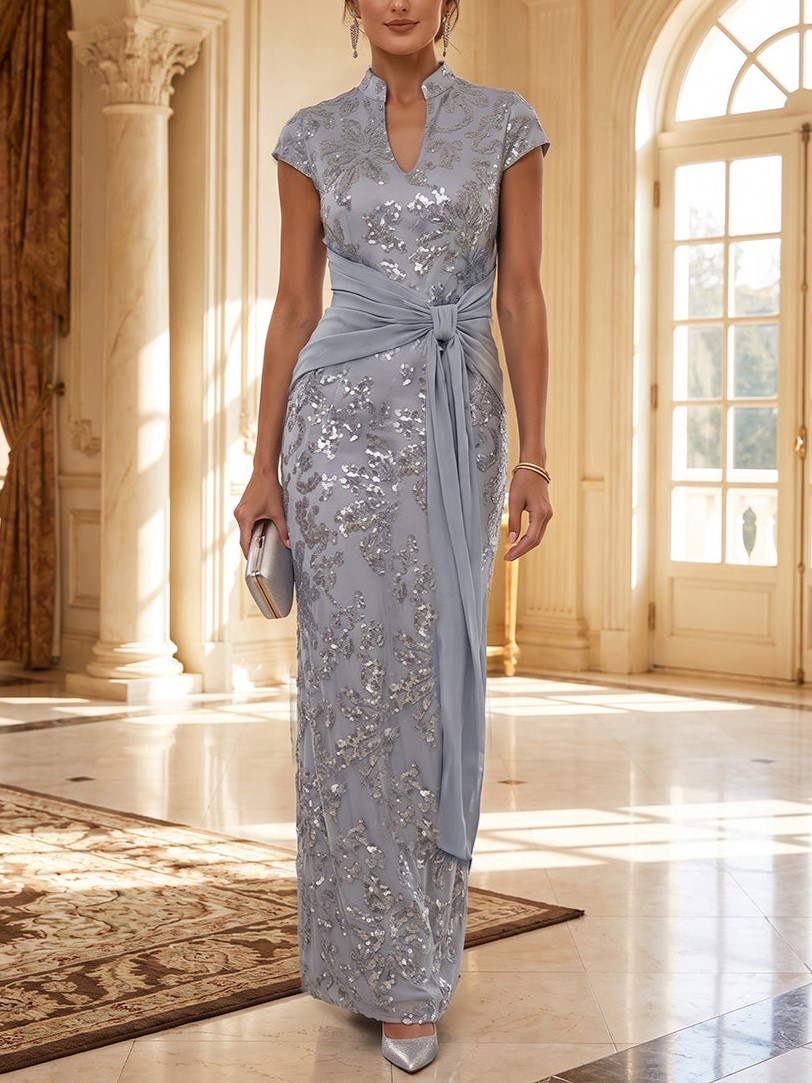 Sheath V-Neck Sequin Short Sleeve Maxi  Dresses with Ruched Waist & Side Sash
