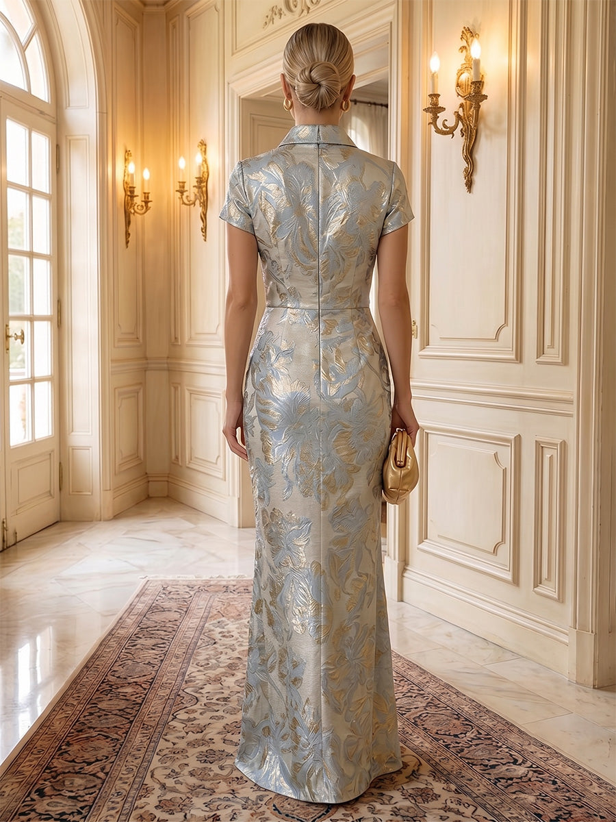 Sheath V-Neck Jacquard Maxi Formal Dresses with Ruched Waist