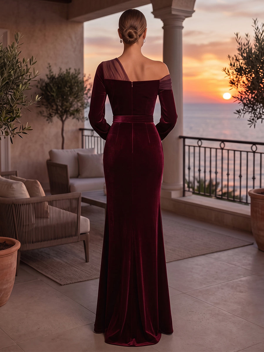 Burgundy Velvet One Shoulder Bow Belt Mermaid Maxi Dress