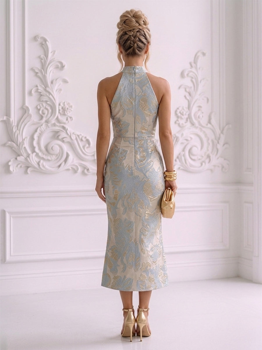 Jacquard Sheath High Neck Tea-Length Midi Dresses with Ruched Waist