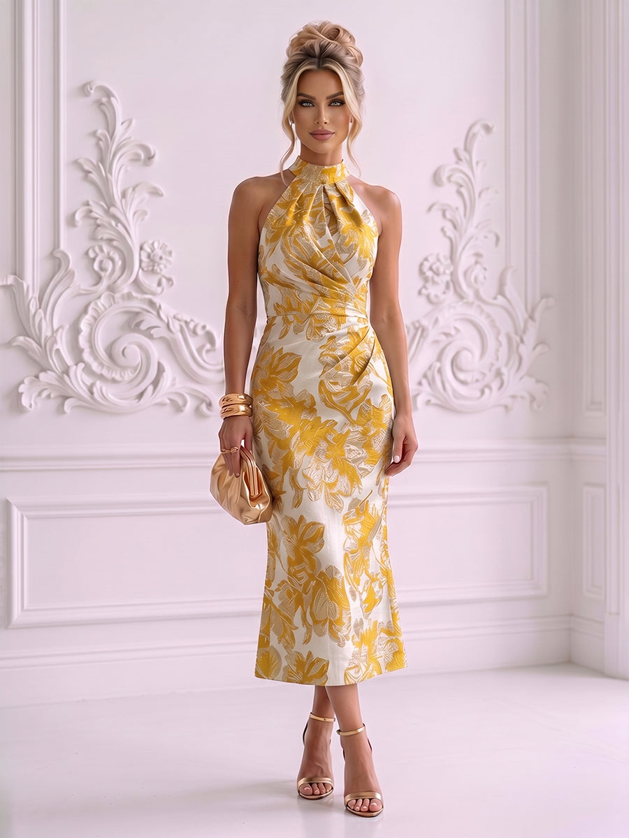 Jacquard Sheath High Neck Tea-Length Midi Dresses with Ruched Waist