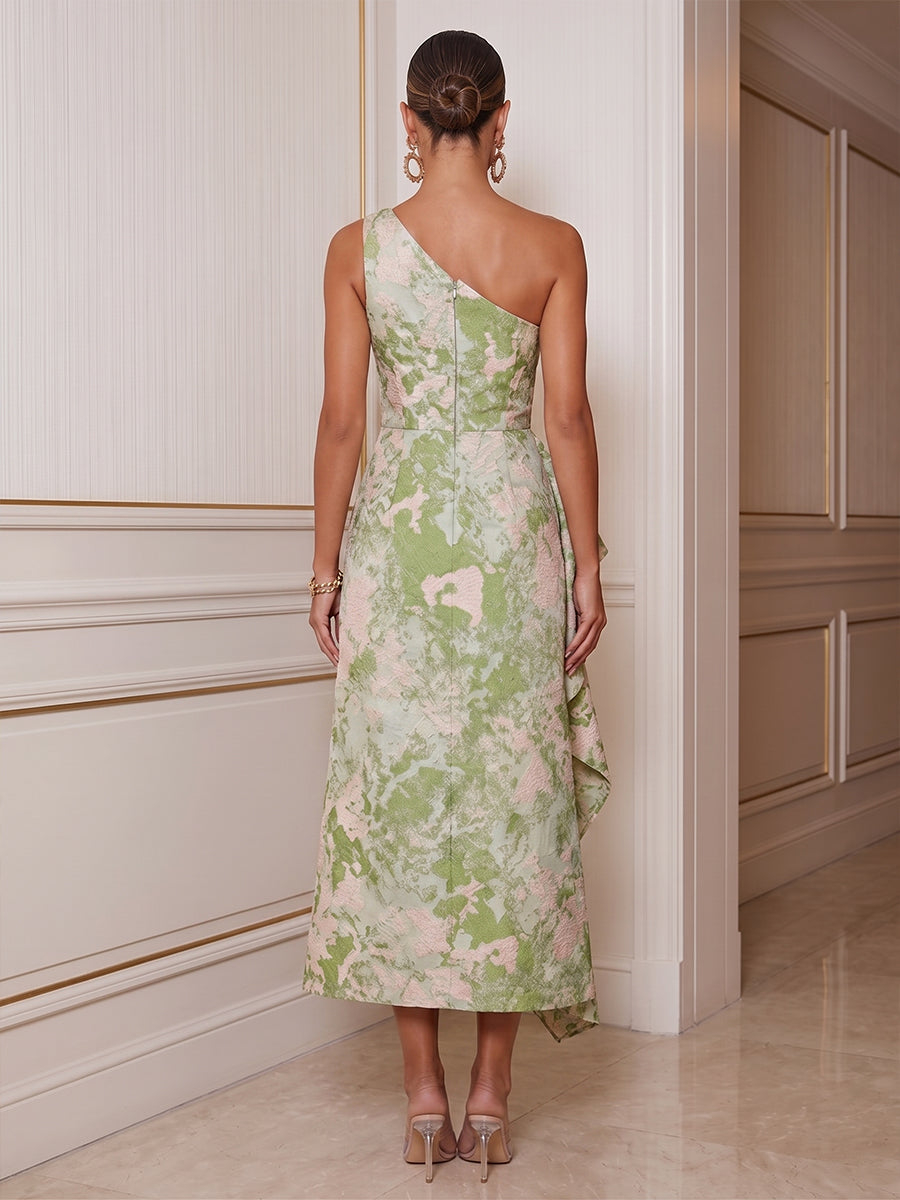 Green Pink Abstract Floral One Shoulder Cutout Ruffled Midi Dress