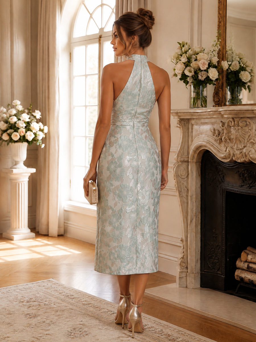 Sage Green Jacquard Sheath Halter Sleeveless with Ruched Waist Midi Dress 